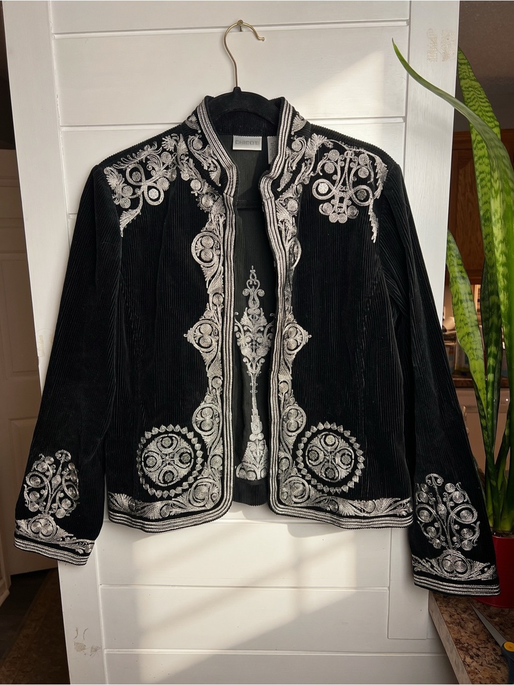 Chico's Black Velvet Jacket with Silver Embroidery